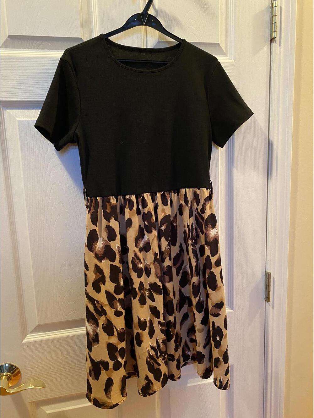 SHEIN Women's Black and Leopard Print Short Sleeve Dress Size 12